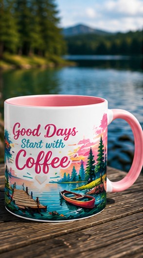 Coffee by the Lake custom colourful mug — pink